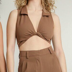 Brown wrap tie top with collar
